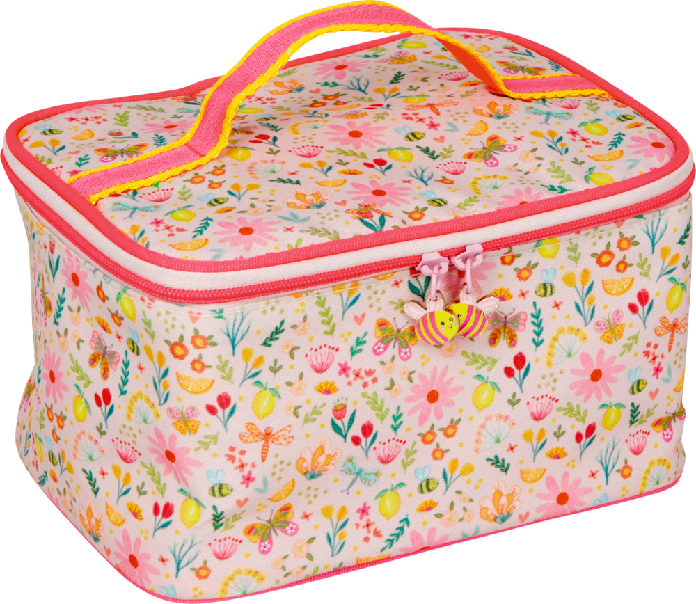 Beauty Case Blümchen - Prinzessin Lillifee Rechteckige Kosmetiktasche mit Blumenmuster, rosa Reißverschluss und gelb-rosa Griff.