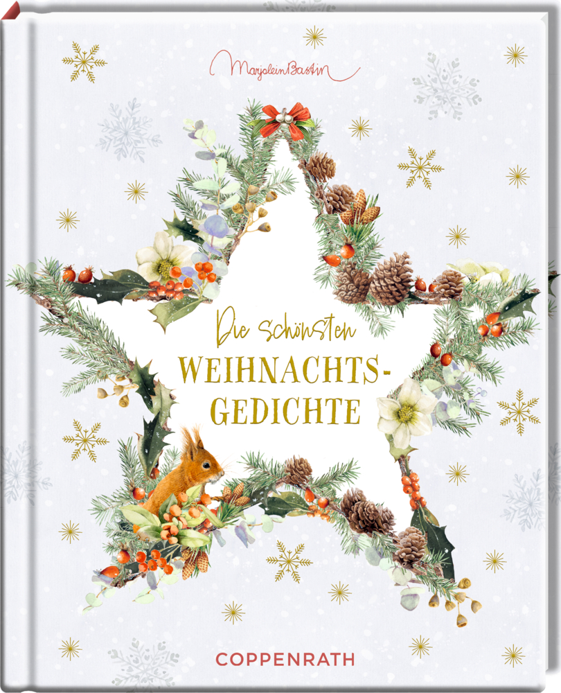 Festlicher Buchumschlag: Sternkranz mit Eichhörnchen.