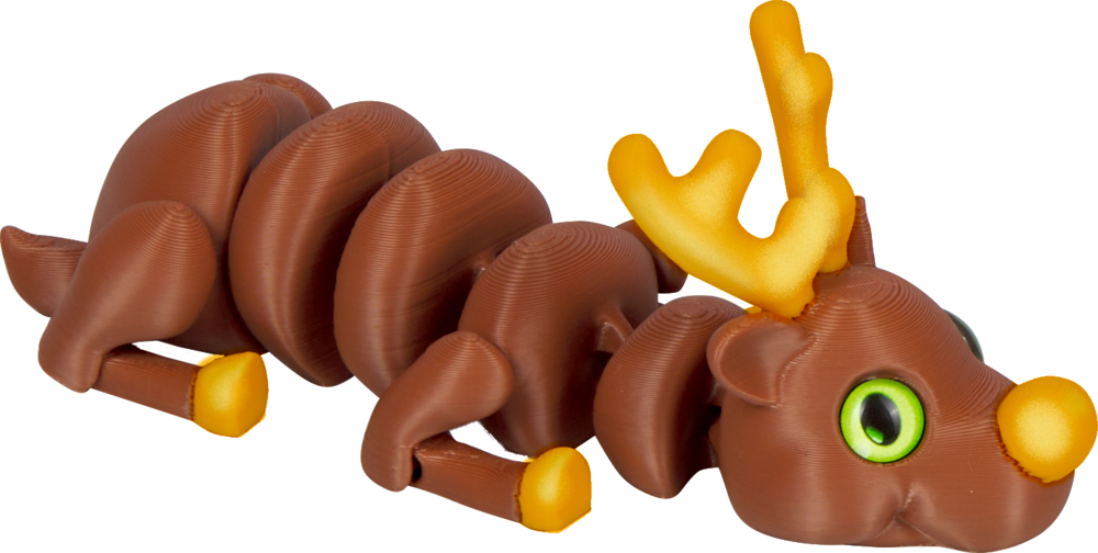 Braunes Kunststoffspielzeug in Form eines Rentiers mit gelben Hufen, Geweih und Nase sowie grünen Augen.