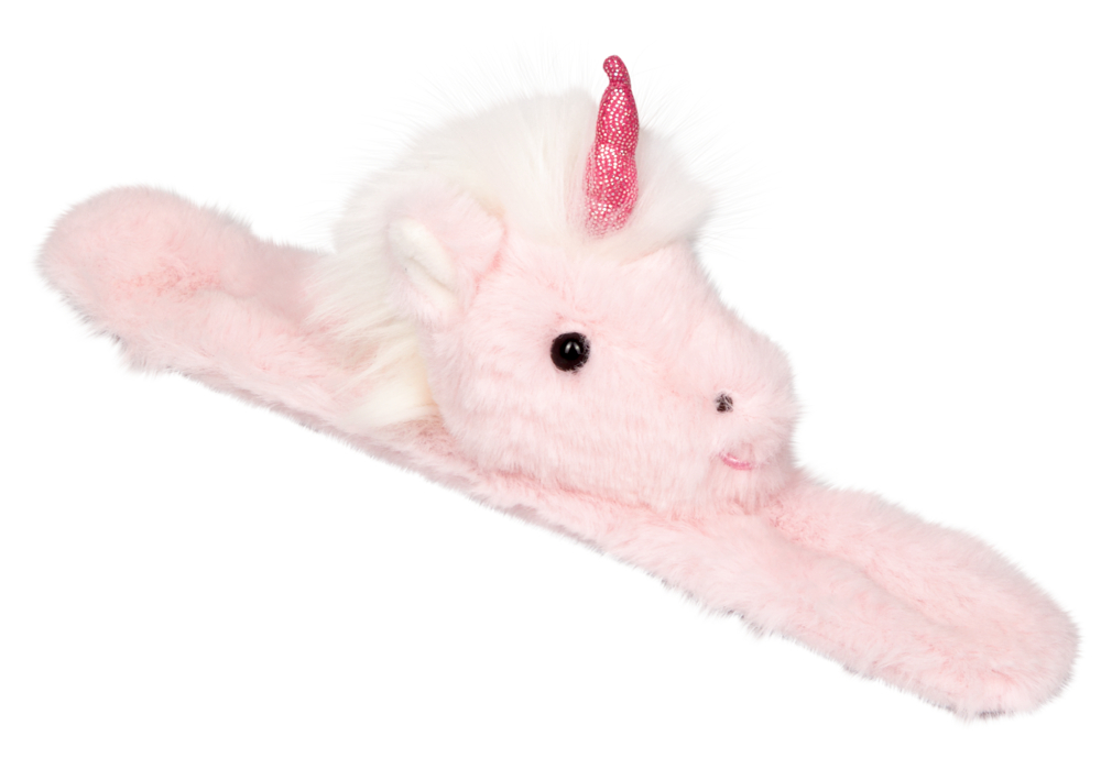 Rosa Einhorn-Schnapparmband aus Plüsch mit rosa Glitzerhorn und weißer Mähne vor weißem Hintergrund.