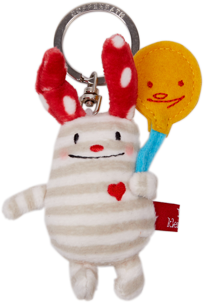 Schlüsselanhänger Das kleine Ich (Das kleine Glück) Gestreifte Plüsch-Schlüsselanhängerfigur mit roten gepunkteten Ohren, einem gelben lächelnden Luftballon und einem roten Herz auf der Brust.