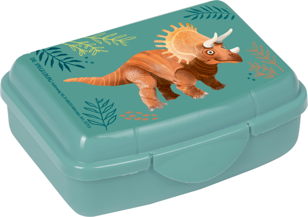 Mini-Snackbox - Dino Friends Kleine blaugrüne Lunchbox mit einem Triceratops-Cartoon und Blattmotiven auf dem Deckel.