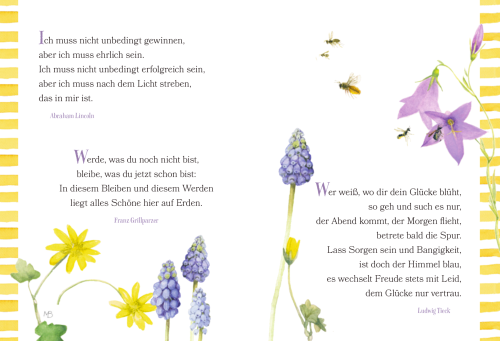 Blumen und Bienen mit drei Zitaten zum Thema Glück und Durchhaltevermögen auf einer weißen Seite.