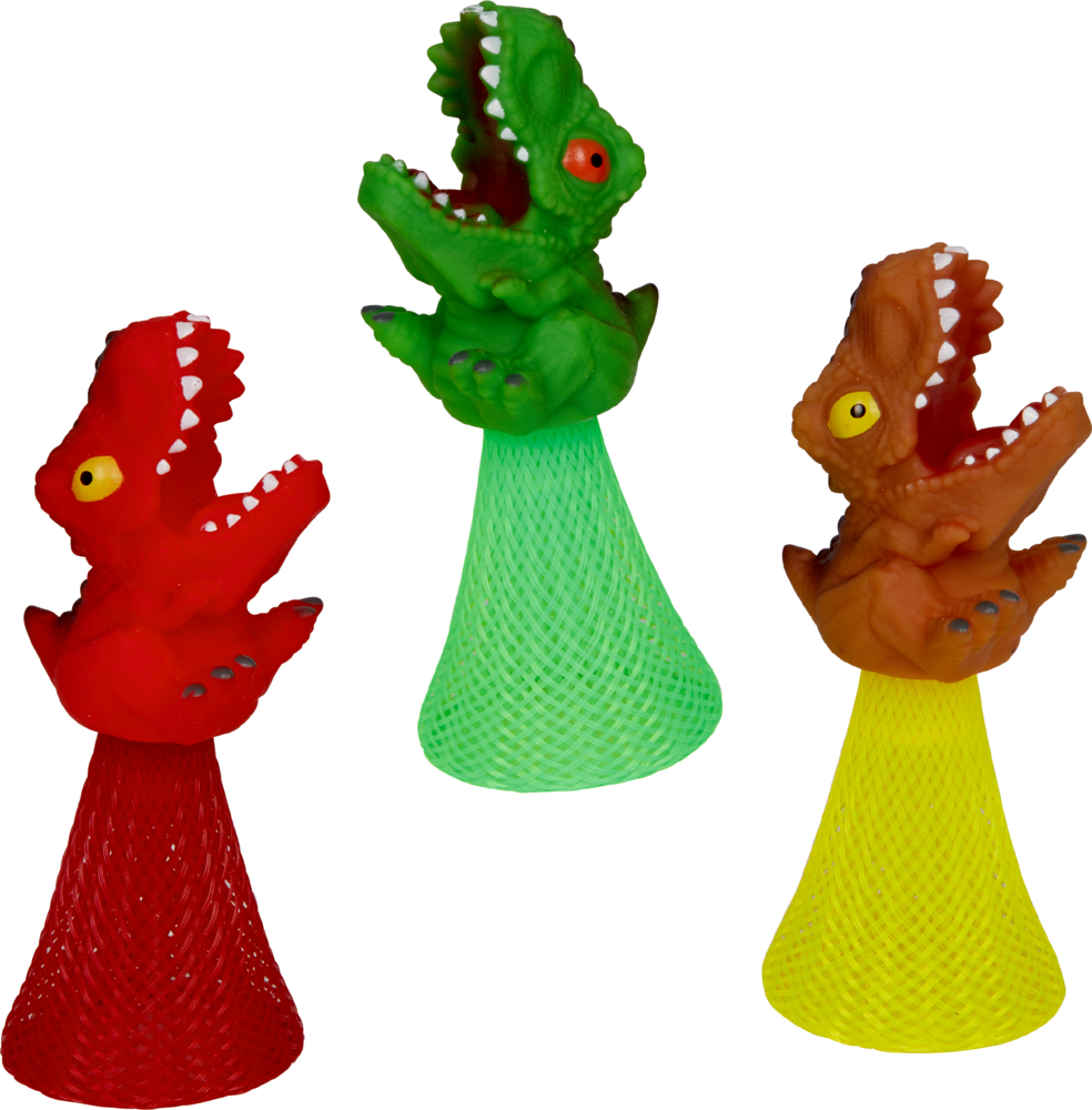 Drei Dinosaurierspielzeuge – rot, grün und braun – auf passenden roten, grünen und gelben Netzständern.