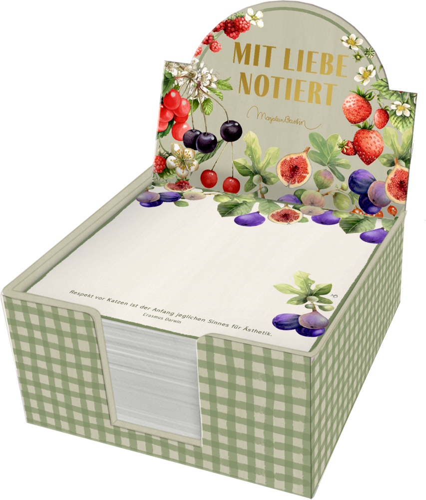 Ein floral und Frucht Motiv Notizblockhalter mit Mit Liebe notiert in goldener Schrift auf der Rückwand.
