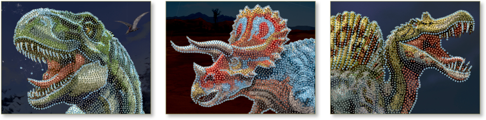T. Rex, Triceratops und Spinosaurus mit Mosaikmustern dargestellt.