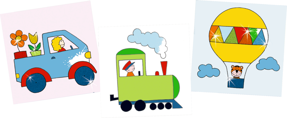Einfach gezeichnete Ausmalbilder eines Autos, einer Lokomotive und eines Heißluftballon mit lächelnden Menschen und Tieren darin.