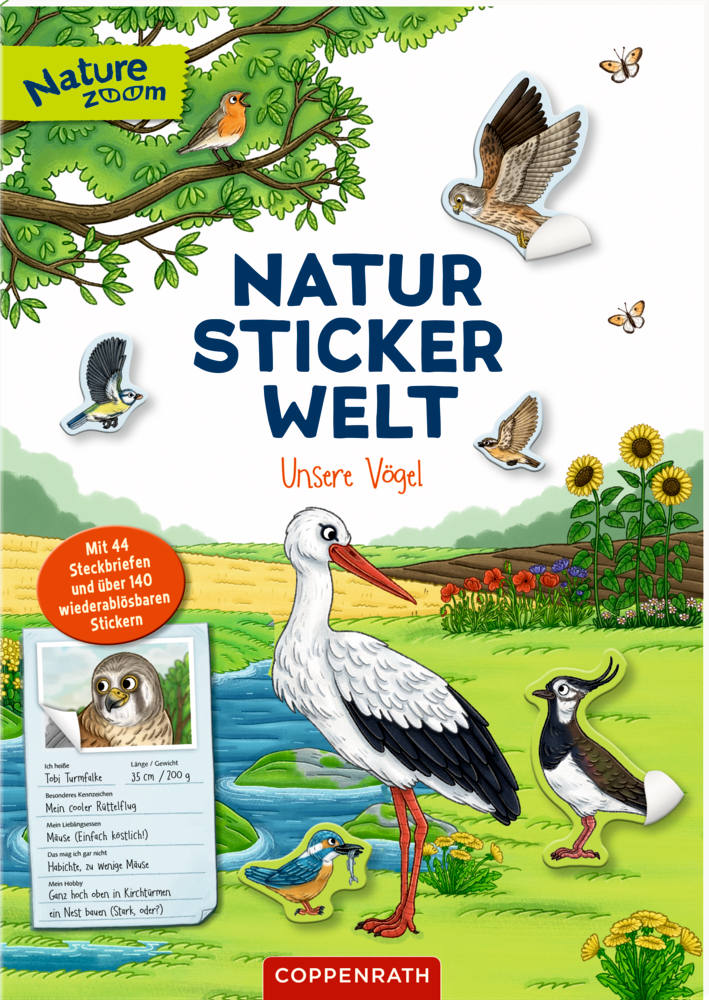 Das Buchcover zeigt Vögel, Sonnenblumen und einen Storch auf einer Wiese.
