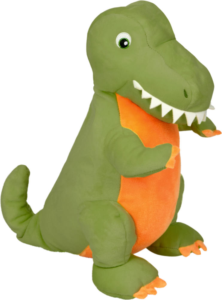 Grün-orangefarbener Plüschdinosaurier mit weißen Zähnen, aufrecht sitzend und nach rechts blickend.