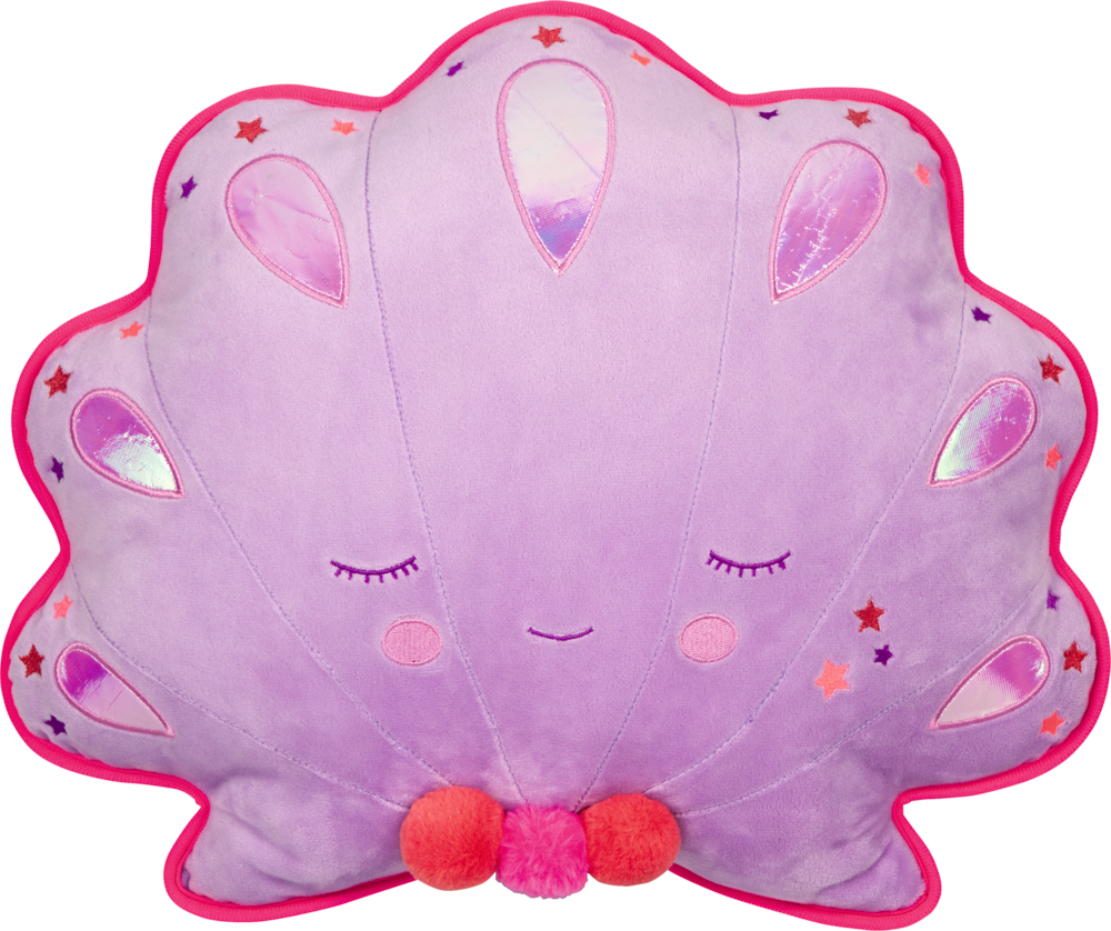 Ein lavendelfarbenes Plüschmuschelkissen mit lächelndem Gesicht, geschlossenen Augen und bunten Sternen verziert.