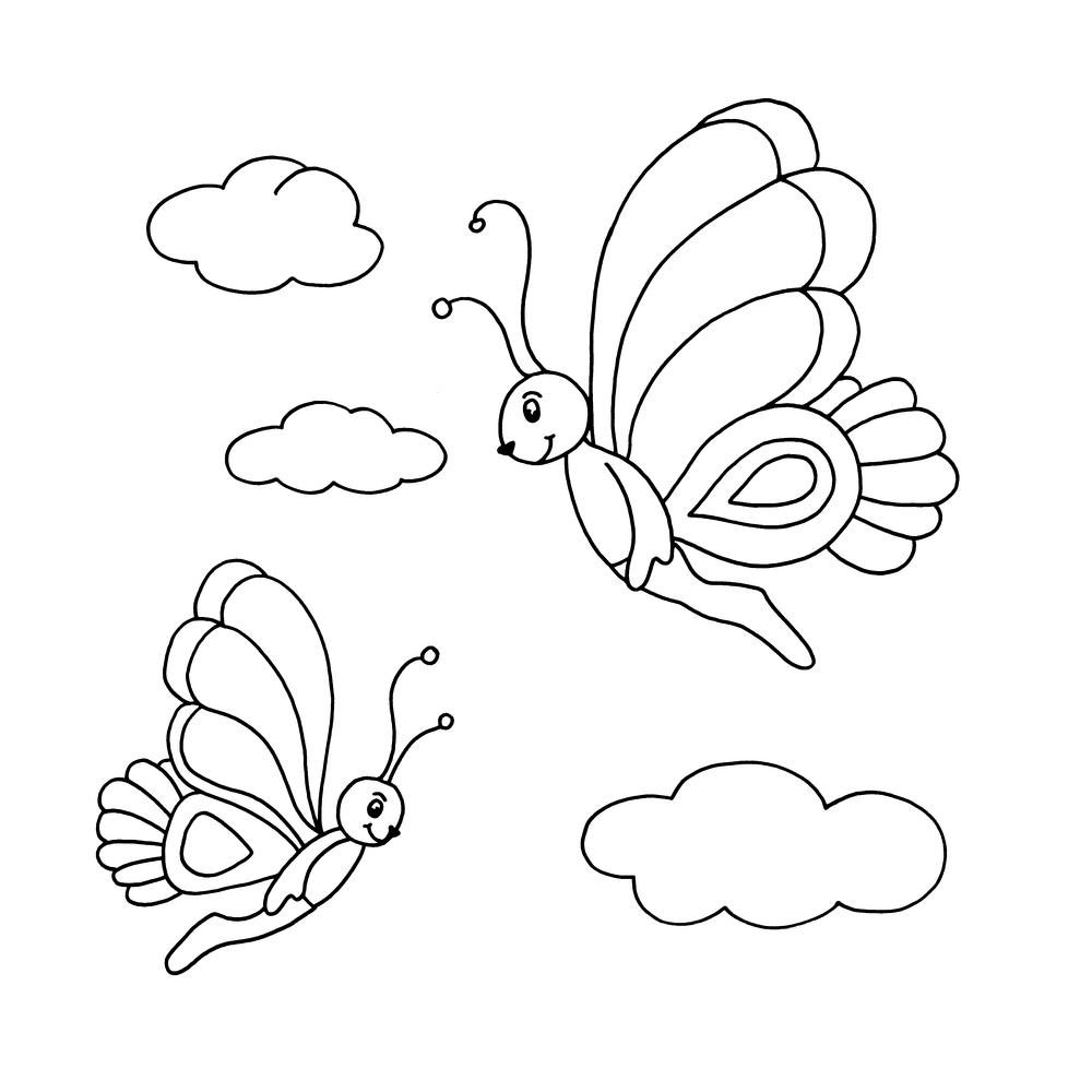 Zwei Schmetterlinge flattern zwischen flauschigen Wolken in einer einfachen schwarz-weißen Strichzeichnung.