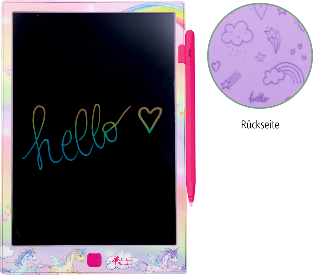 Buntes LCD-Schreibtablett mit „Hallo“ und Herz, rosa Stift seitlich angebracht, lila Einhorn-Design auf der Rückseite.