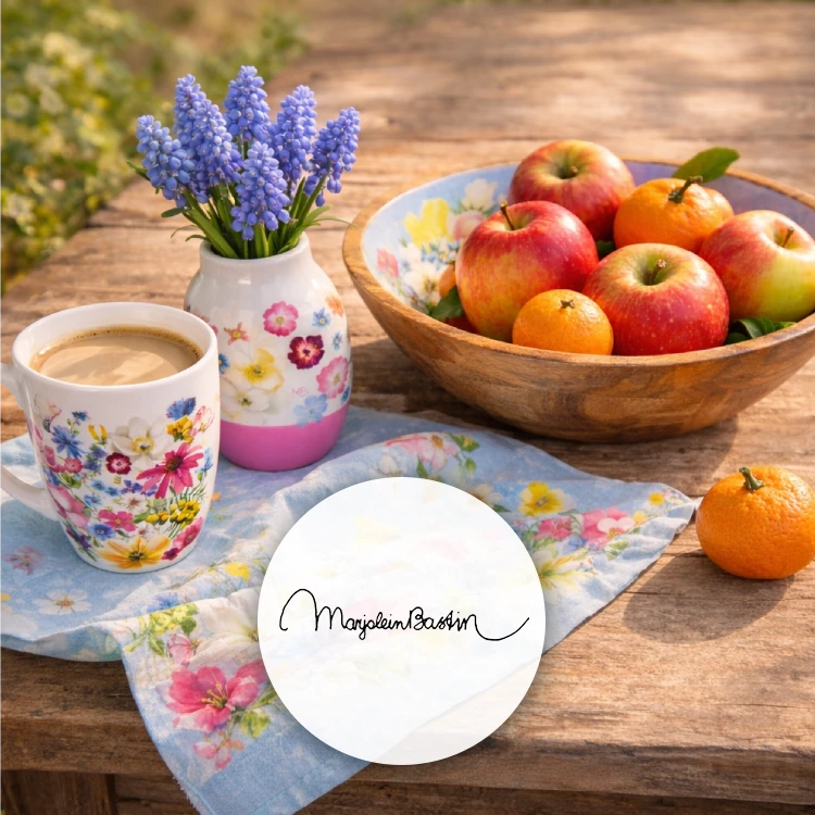 Schale, Tasse, Vase und Tuch mit bunten Blumen und Obst auf altem Holztisch