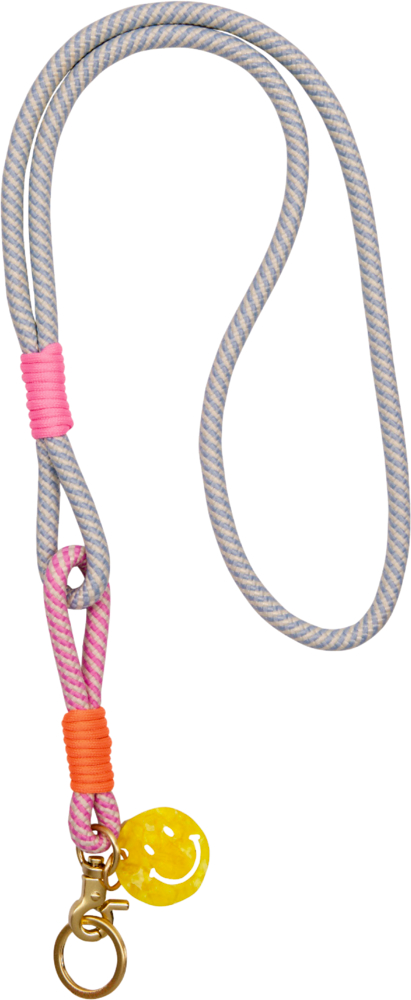 Schlüsselband mit pinken und orangen Akzenten, einem gelben Smiley-Anhänger und einem goldenen Verschluss.