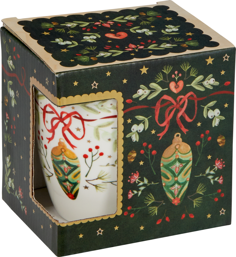 Festliche Tasse mit Weihnachtsornament-Design, präsentiert in einer dekorativen Weihnachtsbox.