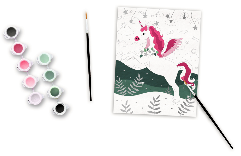 Malen-nach-Zahlen-Set „Einhorn“: enthält rosa, grüne und graue Farben, einen Pinsel und eine teilweise bemalte Leinwand.