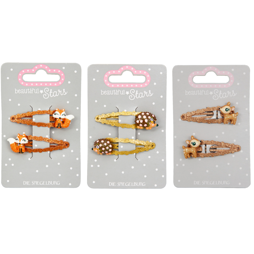 Drei Sets mit jeweils zwei Tierhaarspangen – Füchse, Igel und Reh – auf grauen Displaykarte abgebildet.