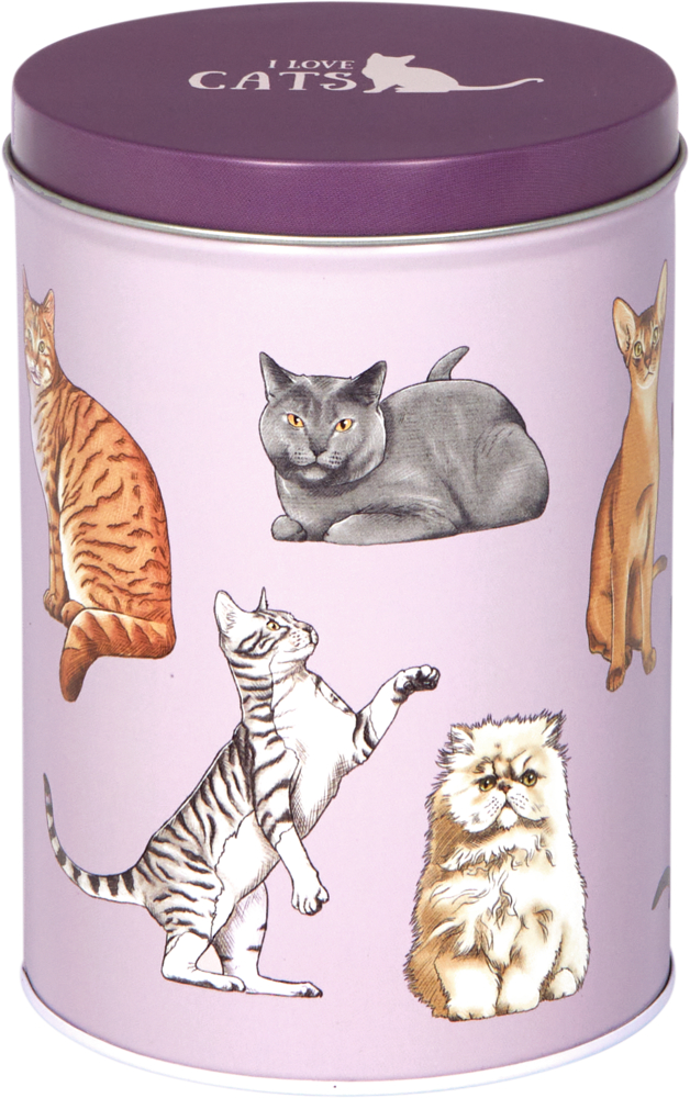 Lila Dose mit Katzenillustrationen und „I LOVE CATS“ auf dem Deckel.