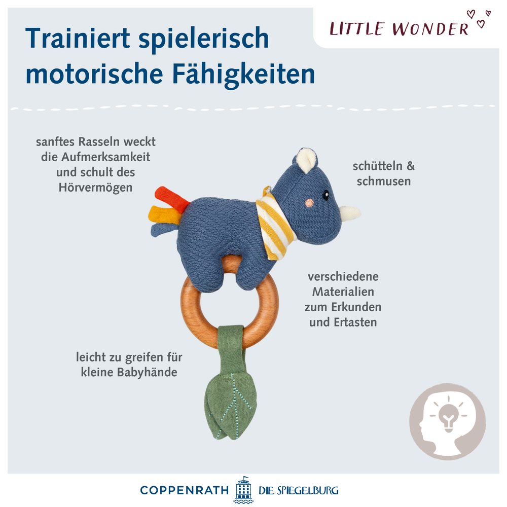 Blauer Nashorn-Babygreifling mit Holzring, fördert Motorik und Sinne laut Kennzeichnung.