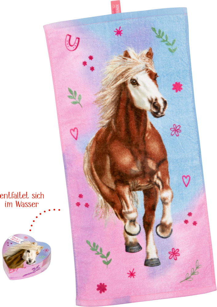 Buntes Handtuch mit einer Pferdeillustration, rosa und blauem Hintergrund sowie kleinen Blumen- und Hufeisenakzenten.