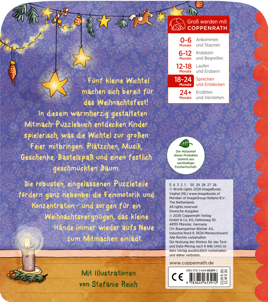 Rückseite eines Kinderbuchs mit Text über fünf Wichtel, weihnachtlicher Deko aus Lichterkette, Sternen und brennender Kerze.