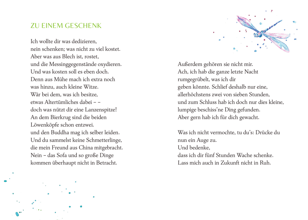 Das  Gedicht „Zu einem Geschenk“ erscheint neben einer farbenfrohen Libellenillustration, auf einer Doppelseite.