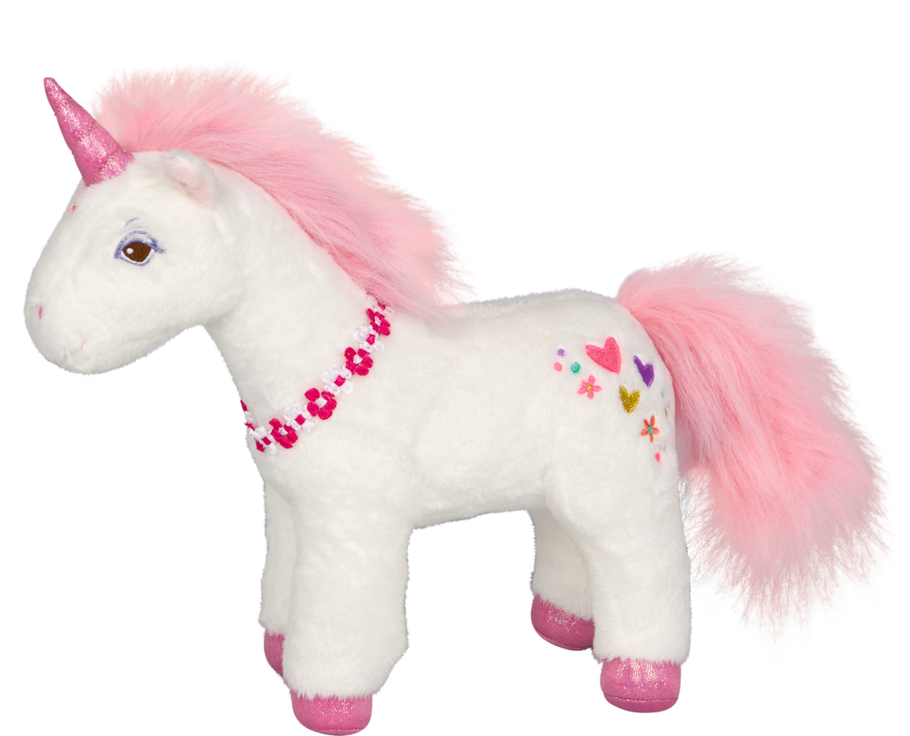 Plüsch Einhorn weiß mit rosa Mähne und Schweif, glitzerndem Horn und Hufen in Rosa. Bunte Herzen als Dekoration.