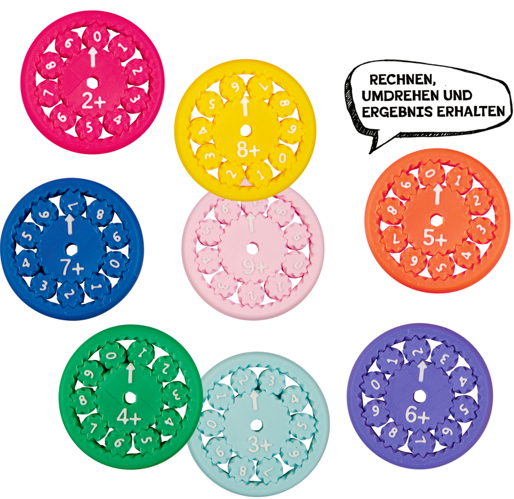Rechenkreisel - Bunte Geschenke 8 bunte Rechenräder mit Zahlen und Aufgaben sowie einer Sprechblase.