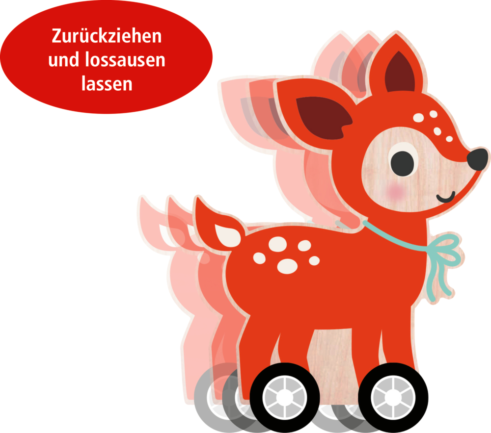 Spielzeugreh auf Rädern bewegt sich vorwärts; Text in der Sprechblase lautet: „Zurückziehen und loslassen.“.