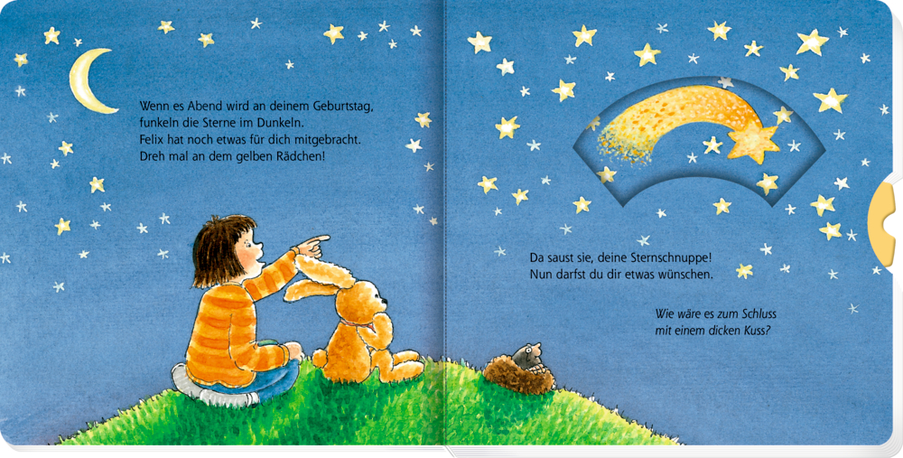 Auf einer Doppelseite mit Text, betrachten ein Kind, ein Häschen und ein Maulwurf, die im Gras sitzen, die Sterne und eine Sternschnuppe am Nachthimmel.