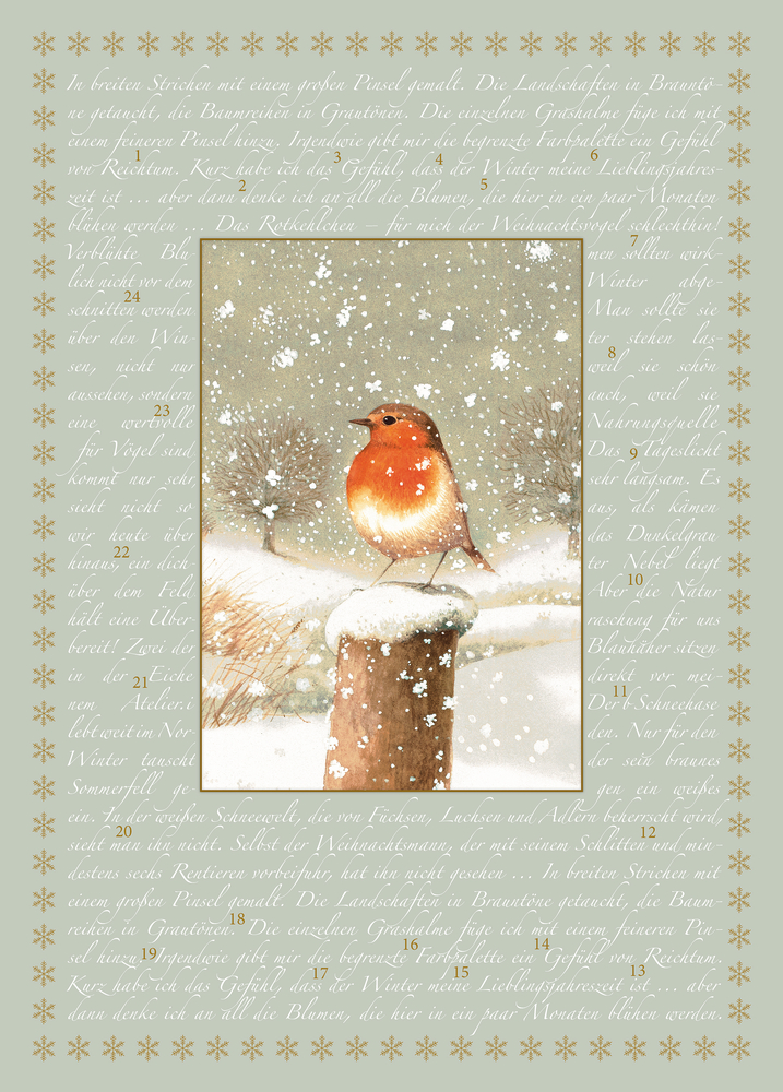 Marjoleins Rotkehlchen, A4 Wand-Adventskalender Bastin Ein Rotkehlchen sitzt auf einem verschneiten Pfosten, während große Schneeflocken in eine winterliche Landschaft fallen.
