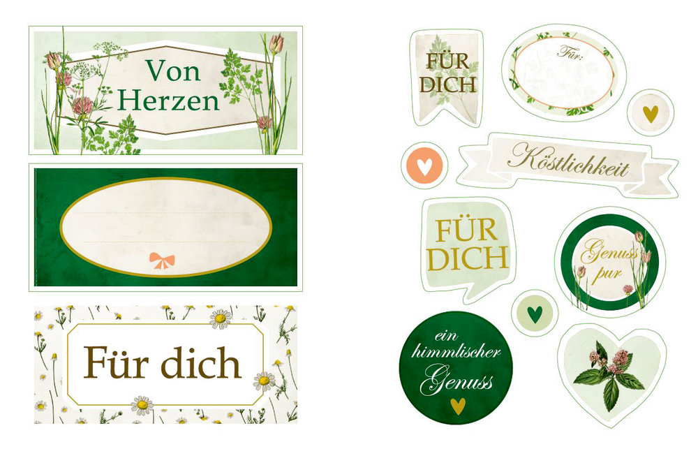 Geschenkaufkleber in verschiedenen Formen mit grünen Blumenmustern, Herzen und den Worten „Für dich“ und „Von Herzen“.