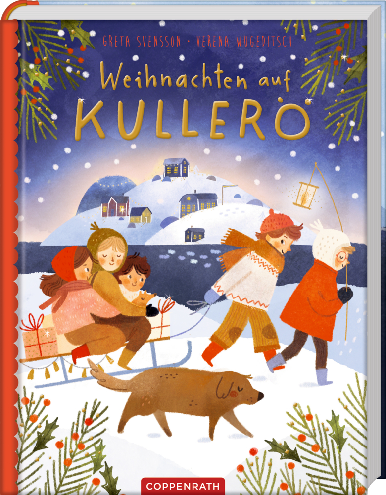 Vier Kinder in Winterkleidung ziehen einen Schlitten mit Geschenken durch Schnee, ein Hund läuft davor, im Hintergrund verschneite Häuser.