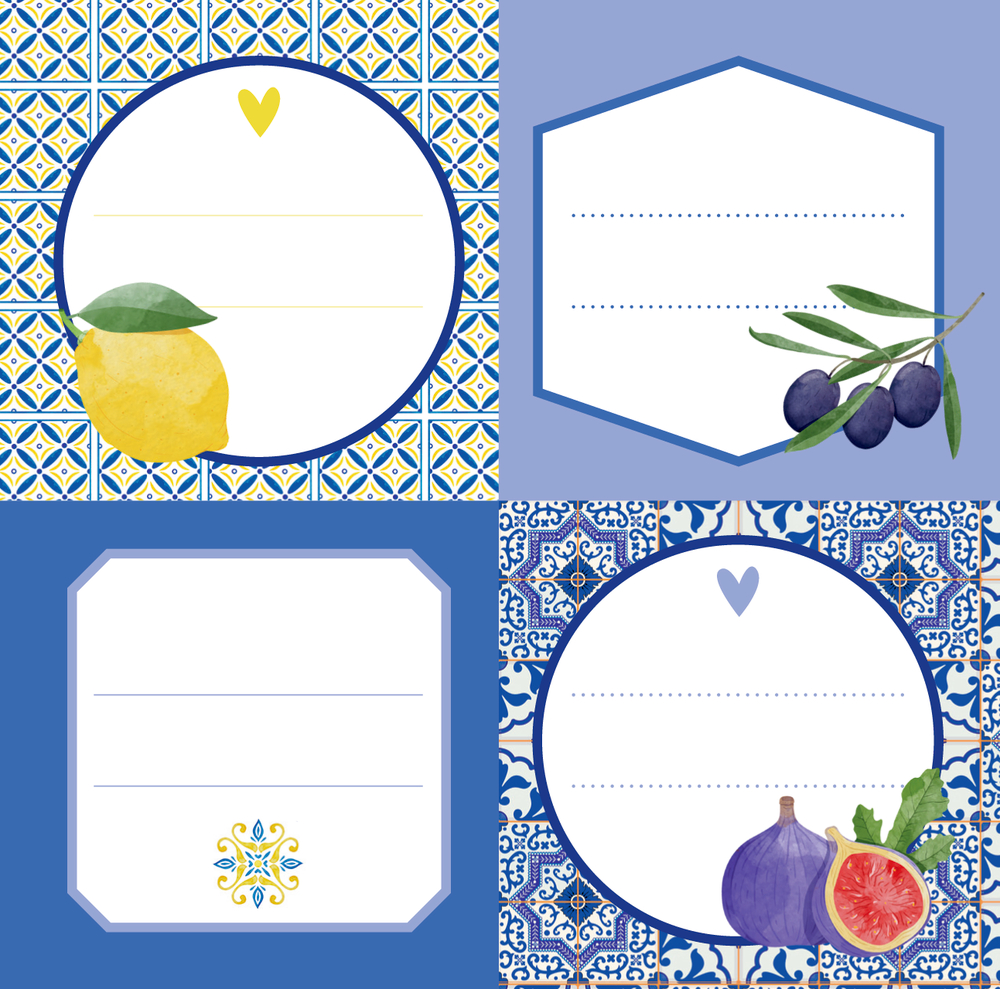 Vier verschiedene Etikettenblöcke mit Zitronen, Oliven, Feigen und blauen mediterranen Fliesenmustern.