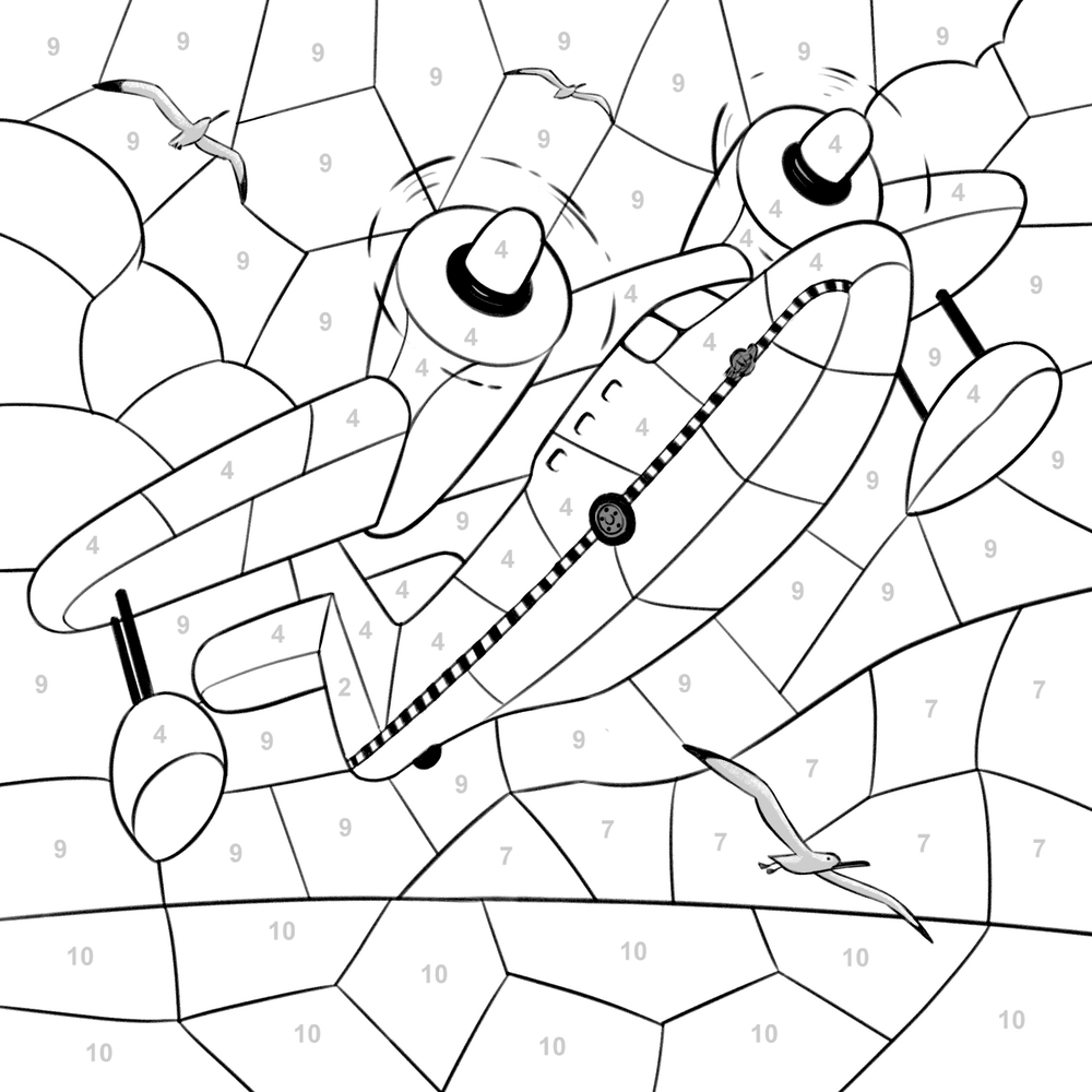 Malen nach Zahlen Seite eines Flugzeugs, das zwischen Wolken und Vögeln am Himmel fliegt.