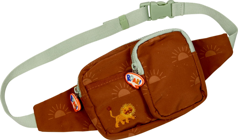Hip Bag / Bauchtasche Löwe - Kleine Freunde "Braune Gürteltasche mit Löwenstickerei, Sonnenmuster, zwei „ROAR!“-Ansteckern und einem türkisfarbenen Riemen."