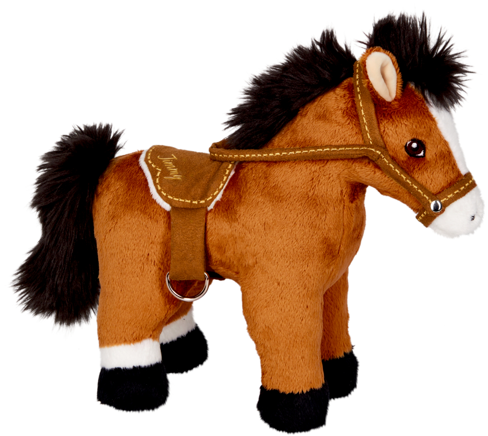Pferd Jimmy - Pferdefreunde Braunes Plüschpferd mit schwarzer Mähne, Schweif, Hufen und braunem Sattel und Zaumzeug.