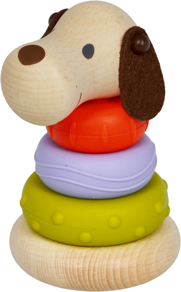 Stapelturm mit Hundekopf oben, darunter Ringe in Grün, Lila und Rot.