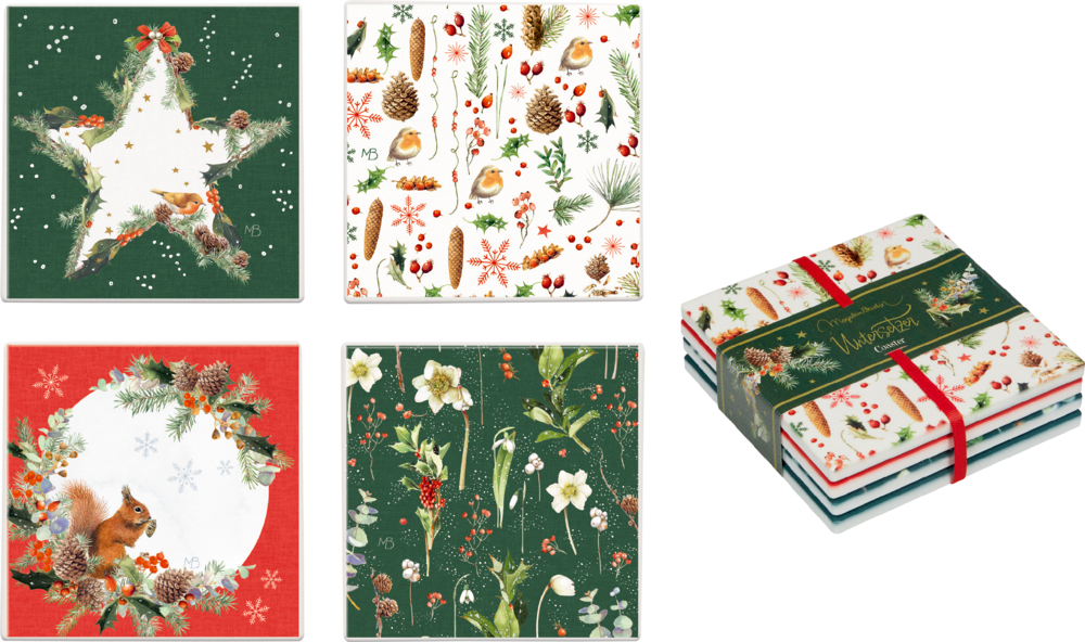Weihnachtliche Untersetzer mit winterlichen Naturmotiven: Tiere, Pflanzen und weihnachtliche Muster.