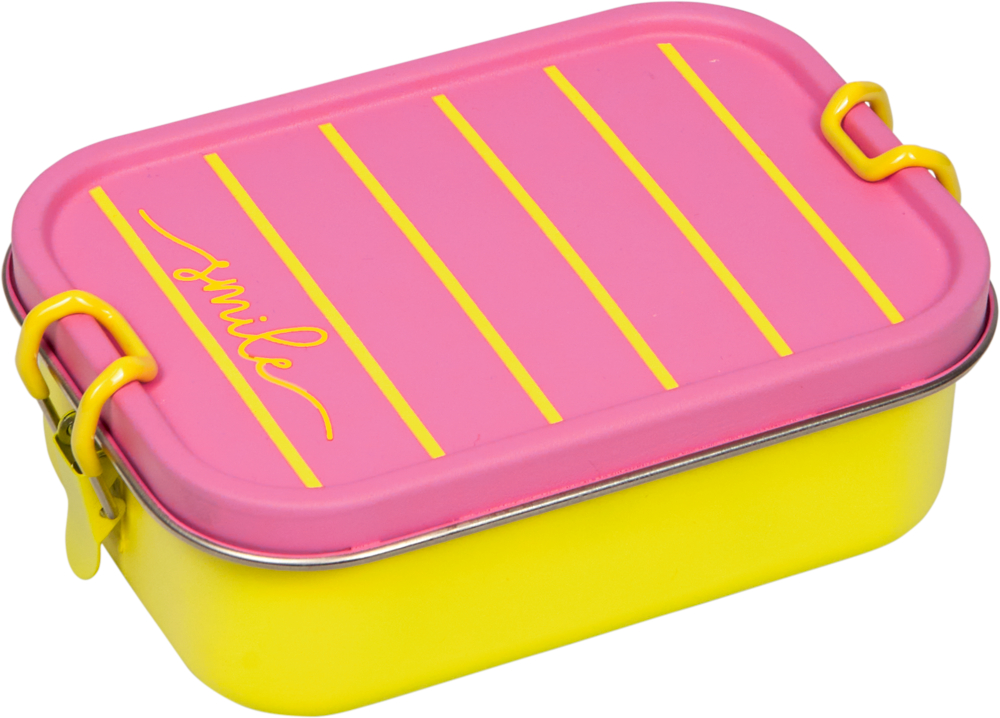 Eine pink-gelbe Lunchbox mit gelben Streifen und dem Wort smile auf dem Deckel.
