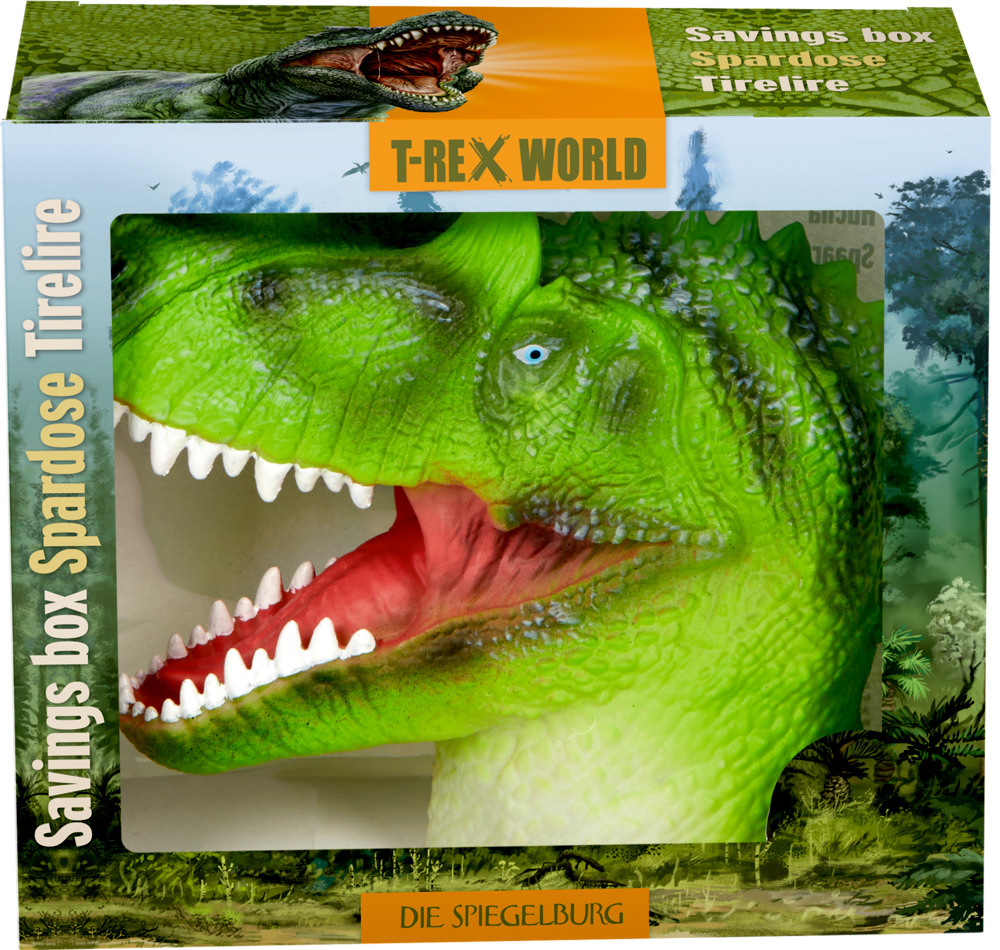 Sparbüchse als grüner T-Rex-Kopf mit offenem Maul, bunt verpackt.