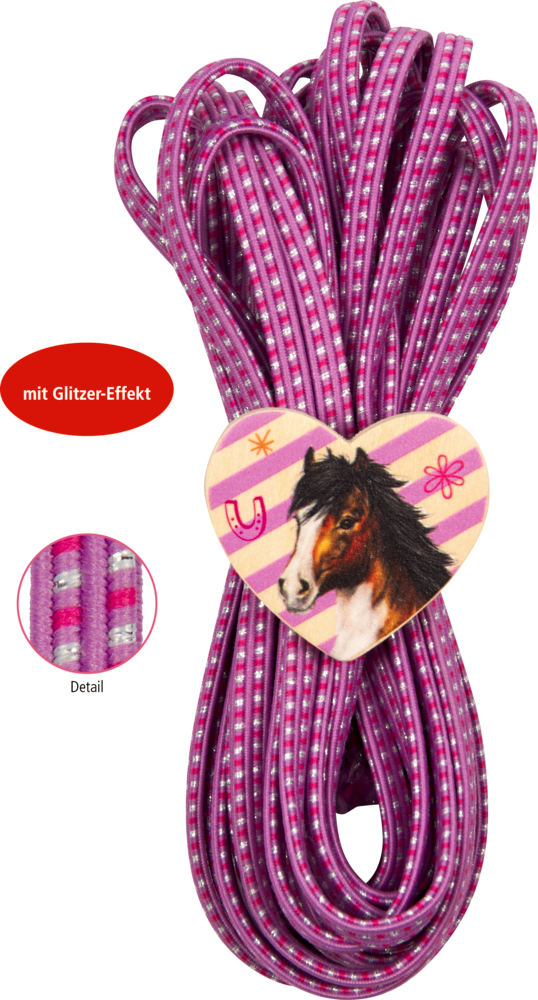 Rosa und lila glitzerndes Gummiband aufgewickelt und mit Pferdeverzierung.