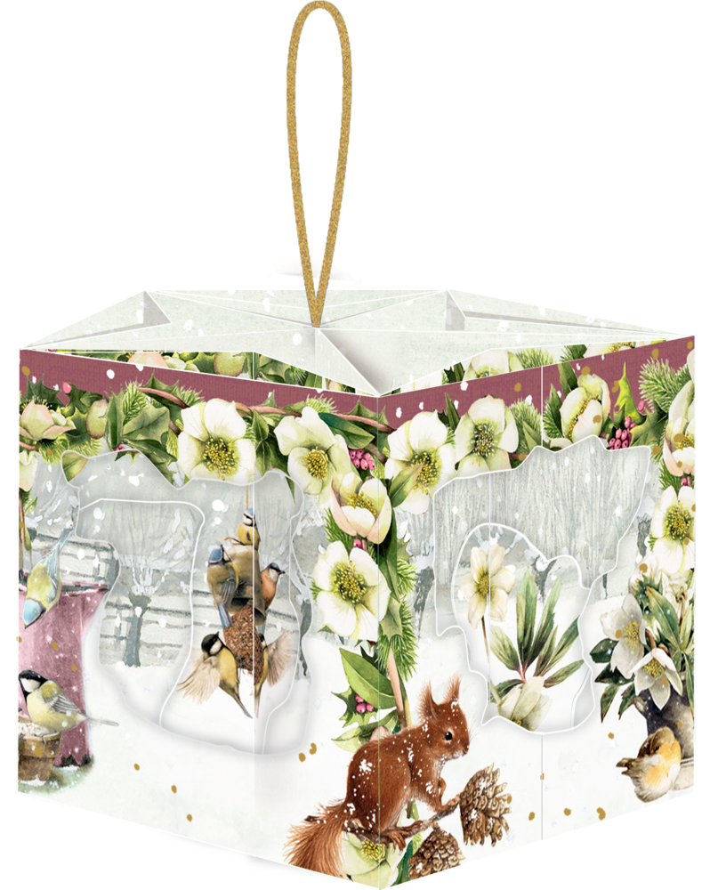 Sechseckiger Papieranhänger mit Wintermotiv, Eichhörnchen, Vögel, weiße Blumen und goldene Trageschleife.