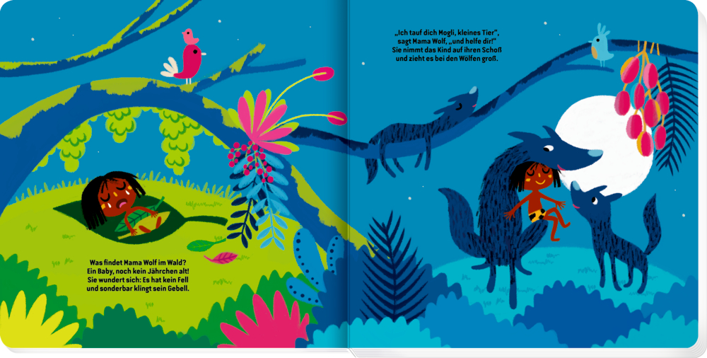 Ein Baby schläft im Gras, es wird von Wlfen gefunden welche es großziehen, auf einer Doppelseite mit Text.