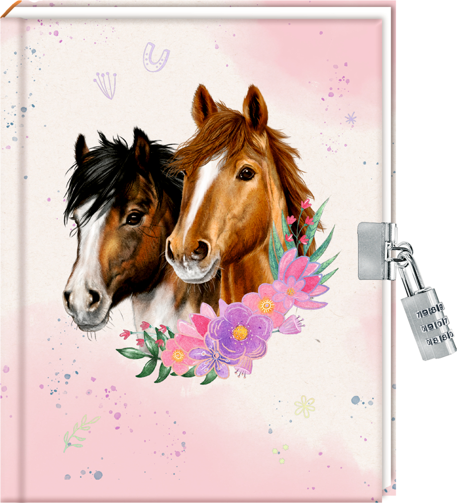 Tagebuch-Cover: Zwei Pferdeköpfe mit Blumen auf rosa-weißem Hintergrund, silbernes Schloss auf der rechten Seite sichtbar.