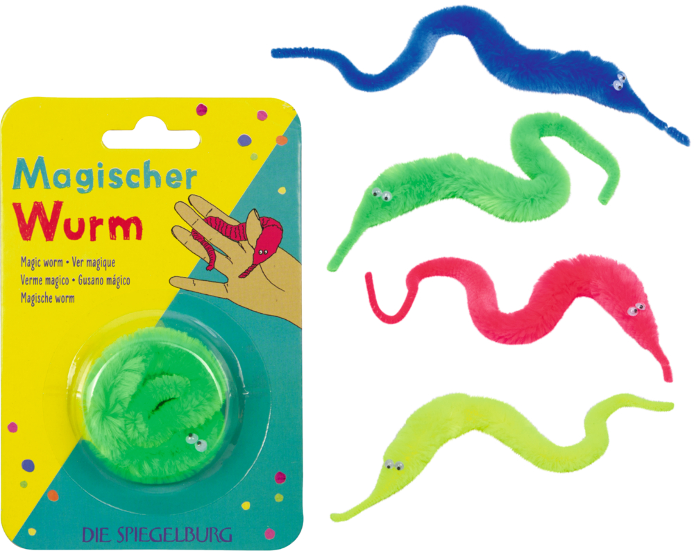 Magischer Wurm - Bunte Geschenke Vier bunte Flausch-Zauberwürmer mit Wackelaugen: einer in der Verpackung, drei lose darüber.