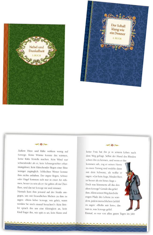 Zwei verzierte Buchcover und ein offenes Buch mit Text und der Illustration eines Mannes mit Zylinder.