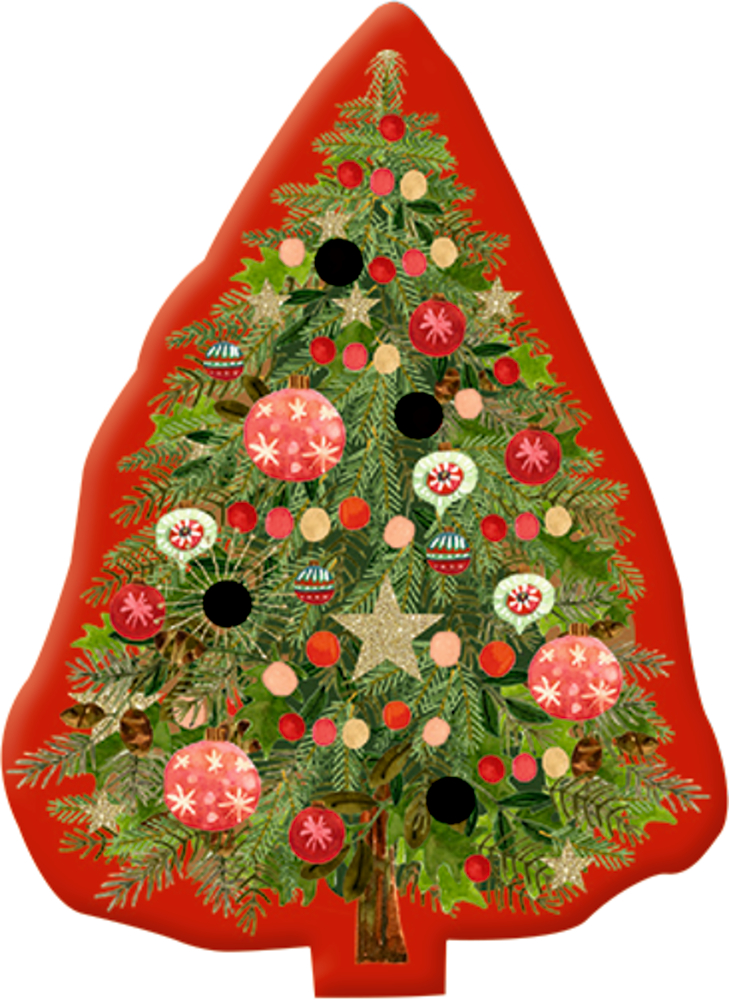 Weihnachtsbaum auf rotem Hintergrund, geschmückt mit Ornamenten und Kugeln und gekrönt von einem leuchtenden Stern.