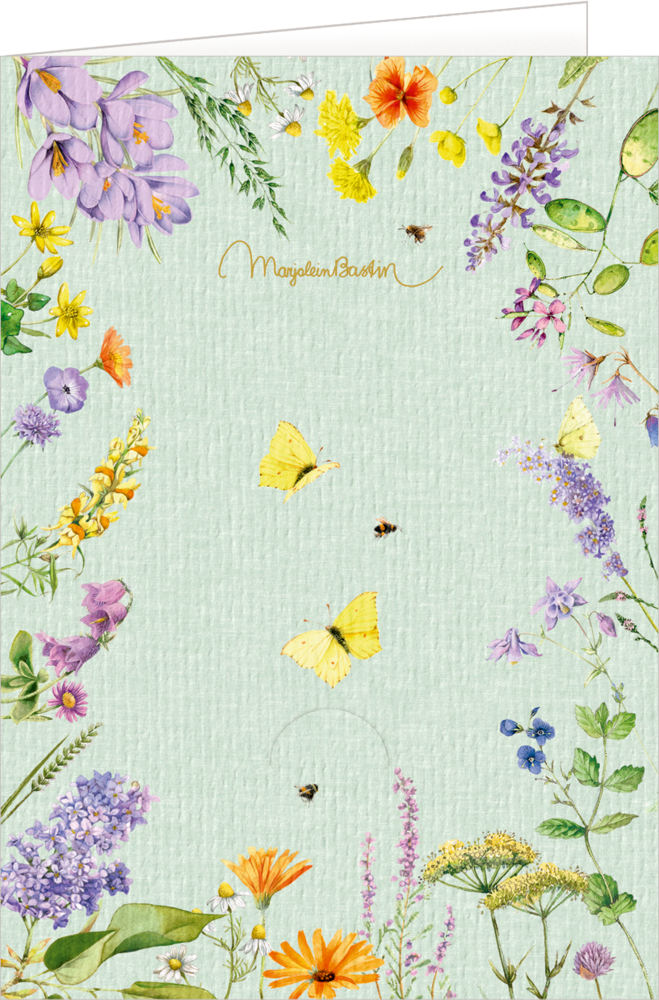 Grußkarte mit Aquarellblumen, Schmetterlingen und Bienen auf hellgrünem Hintergrund, Unterschrift von Marjolein Bastin.