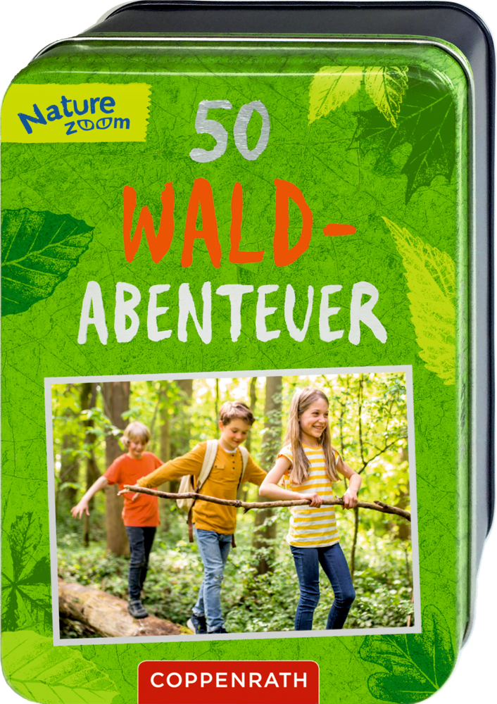 50 Wald-Abenteuer (Nature Zoom) Grüne Box mit der Aufschrift „50 Wald-Abenteuer“ und einem Foto von drei Kindern, die zusammen im Wald spazieren gehen.